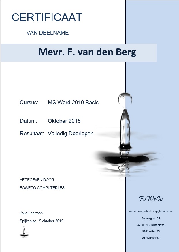 cursus certificaat Word 2010